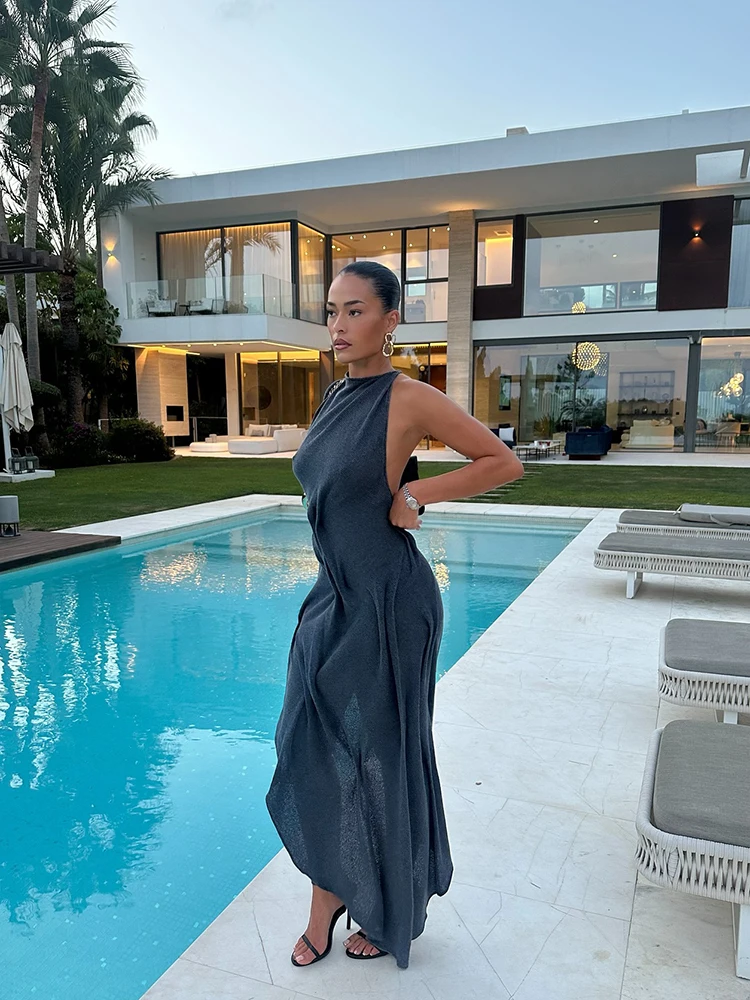 Romantic Soft Halter Maxi Dress Ruched Asymmetrical Women Dresses Anniversary Dinners Vacation Elegant Female Party Wear