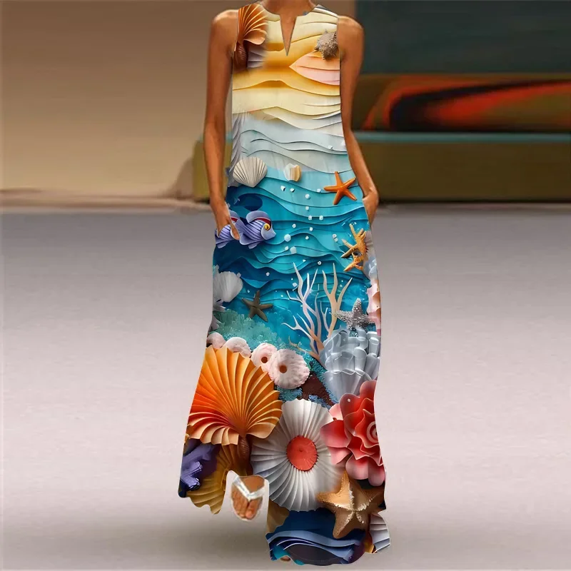 Summer Women's Artistic Retro Sleeveless V-neck Pullover Print Sexy Dress Long Skirt Women's Loose Waist Oversized Swing Skirt