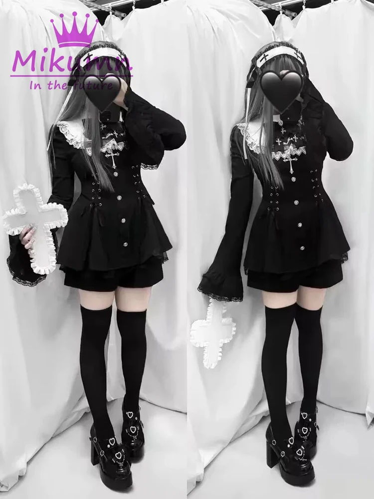 Mikumn Harajuku Y2k Japanese Lolita Style Dress With Shorts Kawaii Vestidos Women Gothic Lace Bow Flare Sleeve Party Mini Dress