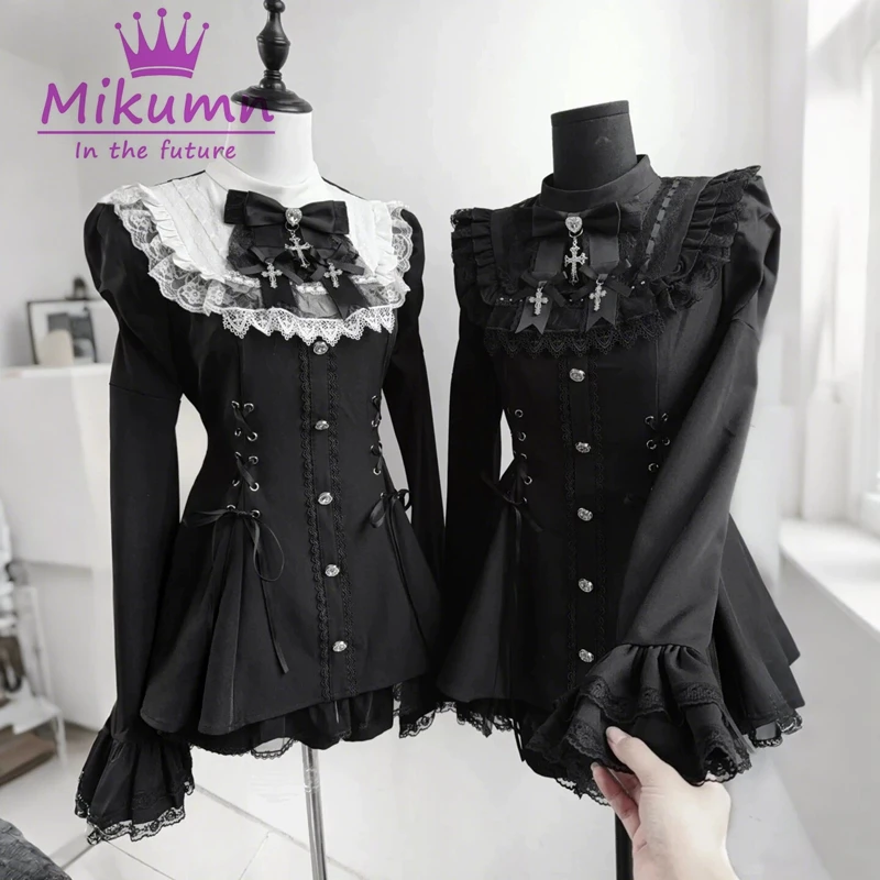Mikumn Harajuku Y2k Japanese Lolita Style Dress With Shorts Kawaii Vestidos Women Gothic Lace Bow Flare Sleeve Party Mini Dress