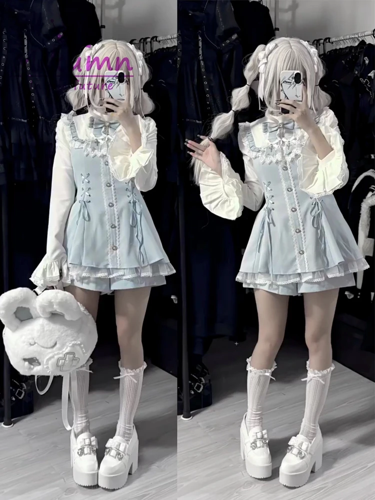Mikumn Harajuku Y2k Japanese Lolita Style Dress With Shorts Kawaii Vestidos Women Gothic Lace Bow Flare Sleeve Party Mini Dress