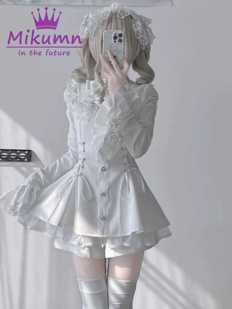 Mikumn Harajuku Y2k Japanese Lolita Style Dress With Shorts Kawaii Vestidos Women Gothic Lace Bow Flare Sleeve Party Mini Dress