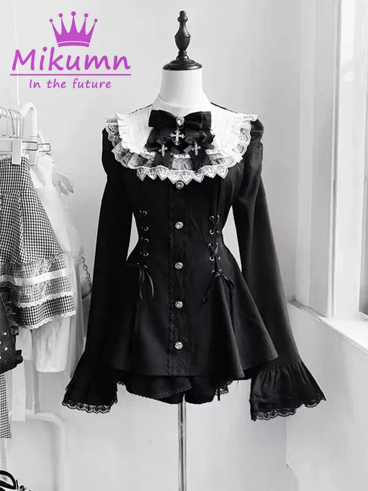 Mikumn Harajuku Y2k Japanese Lolita Style Dress With Shorts Kawaii Vestidos Women Gothic Lace Bow Flare Sleeve Party Mini Dress