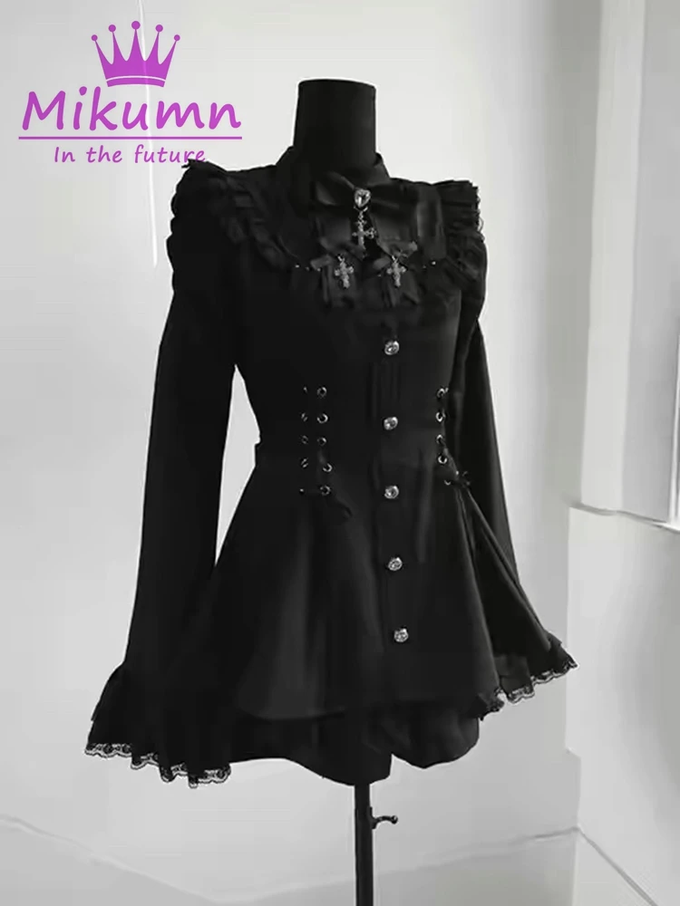 Mikumn Harajuku Y2k Japanese Lolita Style Dress With Shorts Kawaii Vestidos Women Gothic Lace Bow Flare Sleeve Party Mini Dress