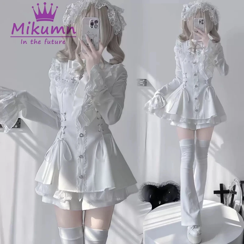 Mikumn Harajuku Y2k Japanese Lolita Style Dress With Shorts Kawaii Vestidos Women Gothic Lace Bow Flare Sleeve Party Mini Dress