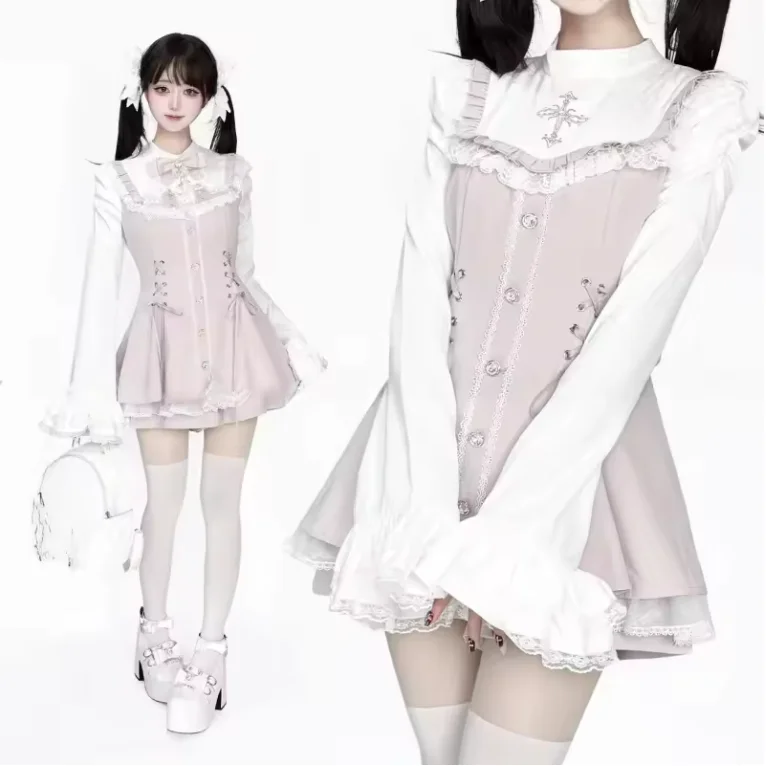 Mikumn Harajuku Y2k Japanese Lolita Style Dress With Shorts Kawaii Vestidos Women Gothic Lace Bow Flare Sleeve Party Mini Dress