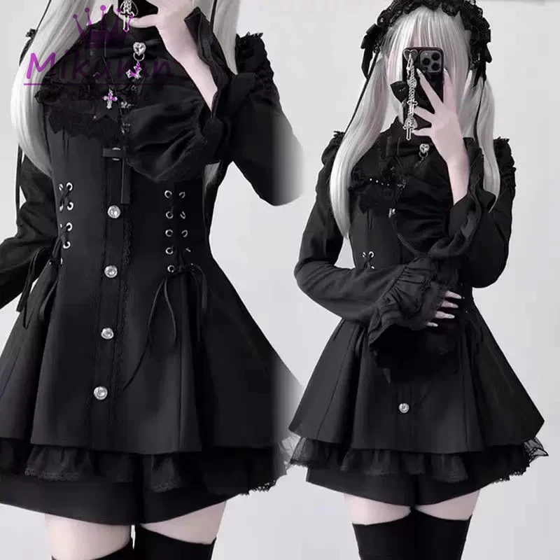Mikumn Harajuku Y2k Japanese Lolita Style Dress With Shorts Kawaii Vestidos Women Gothic Lace Bow Flare Sleeve Party Mini Dress