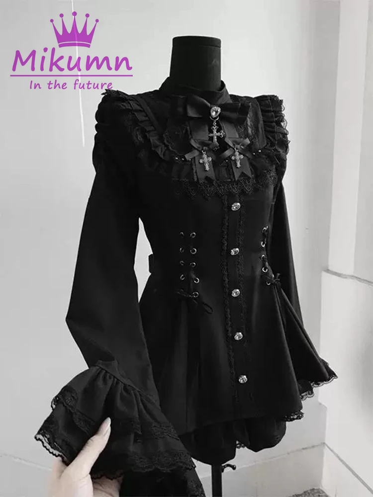 Mikumn Harajuku Y2k Japanese Lolita Style Dress With Shorts Kawaii Vestidos Women Gothic Lace Bow Flare Sleeve Party Mini Dress
