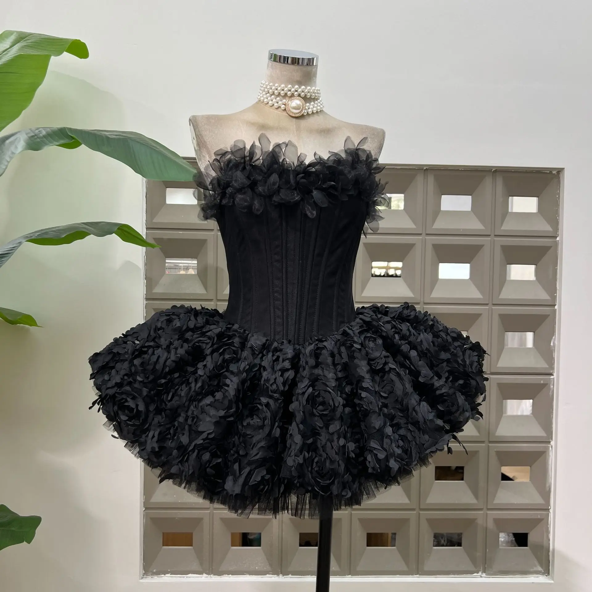 Sexy Strapless Floral Ruffles A Line Mini Dresses for Women Elegant Sleeveless Backless Slim Gowns Party Birthday Cocktail Dress