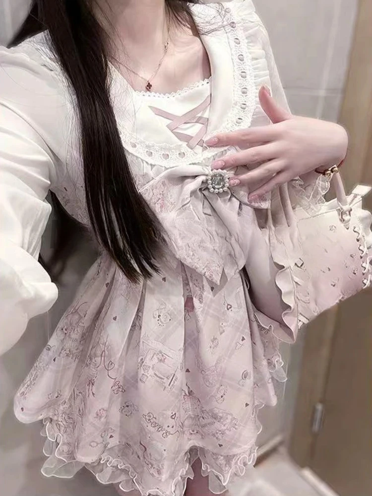 2025 Japanese Sweet Lolita Kawaii Dress Women Spring Printed Bow Fake Two Piece Dress Female Korea Style Design Party Clothing