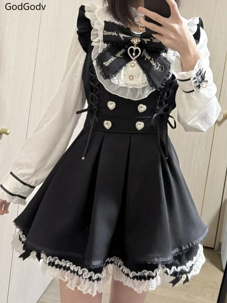 2025 Japanese Sweet Lolita Kawaii Dress Women Spring Printed Bow Fake Two Piece Dress Female Korea Style Design Party Clothing
