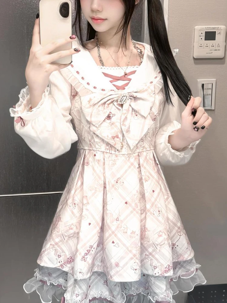 2025 Japanese Sweet Lolita Kawaii Dress Women Spring Printed Bow Fake Two Piece Dress Female Korea Style Design Party Clothing