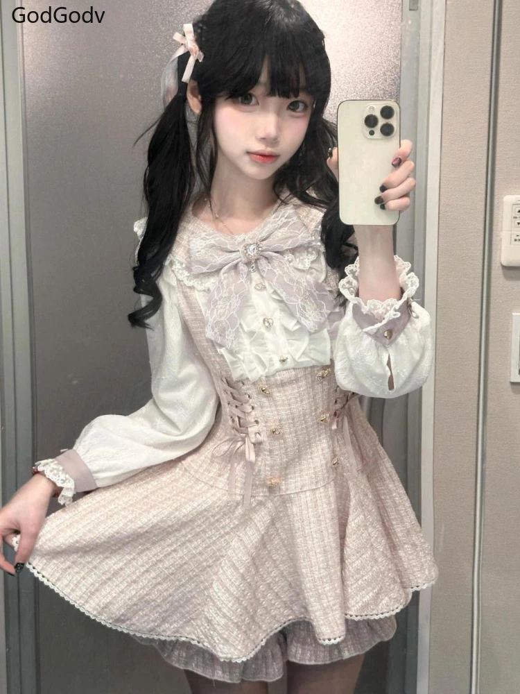 2025 Japanese Sweet Lolita Kawaii Dress Women Spring Printed Bow Fake Two Piece Dress Female Korea Style Design Party Clothing