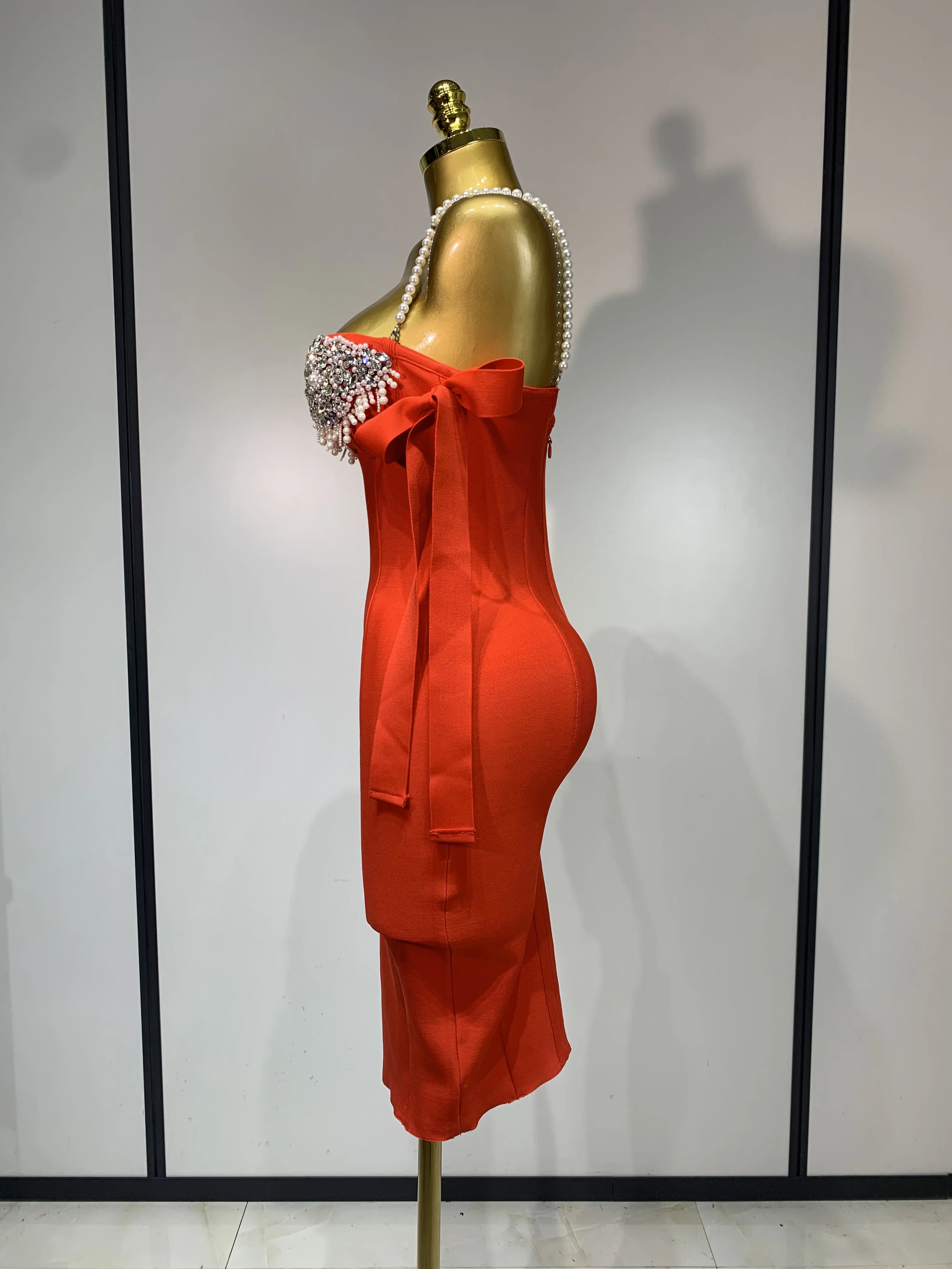 Women Sexy Backless Pearl Diamonds Crystal Bodycon Bandage Dresses Celebrity Elegant Evening Party Club Dress Vestido