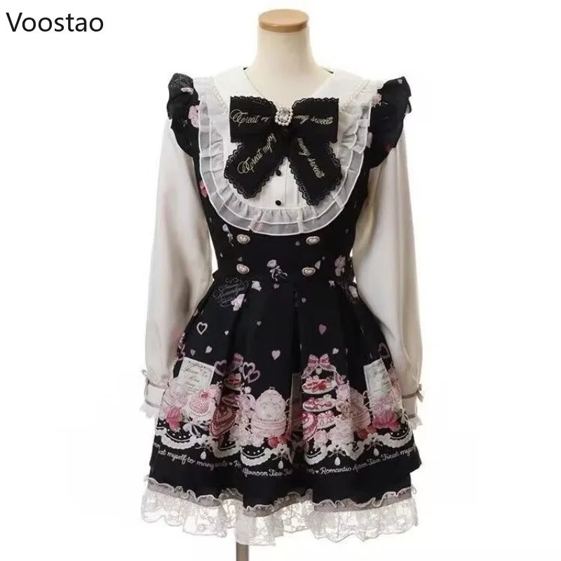 Japanese Kawaii Lolita Rhinestone Bow Dress Set Women Sweet Cartoon Print Lace Pearl Shirt Dress Gothic Y2k Tea Party Dresses