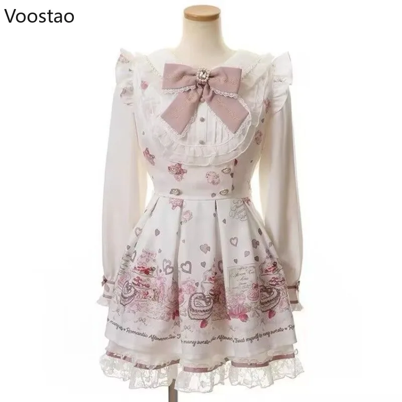 Japanese Kawaii Lolita Rhinestone Bow Dress Set Women Sweet Cartoon Print Lace Pearl Shirt Dress Gothic Y2k Tea Party Dresses