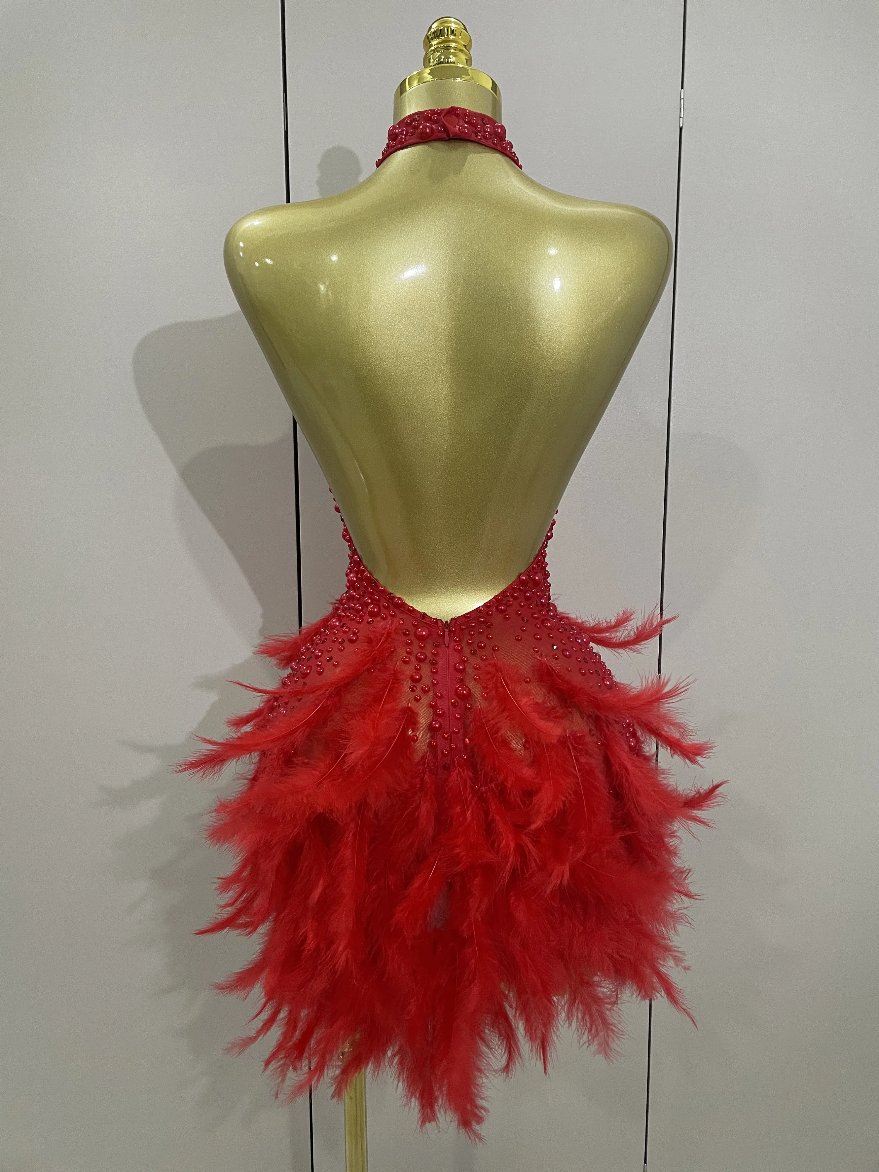 Women Luxury Rhinestones Pearls Feathers Halter Backless Short Dress Women Sexy Celebrate Birthday Dress Nightclub Stage Costume