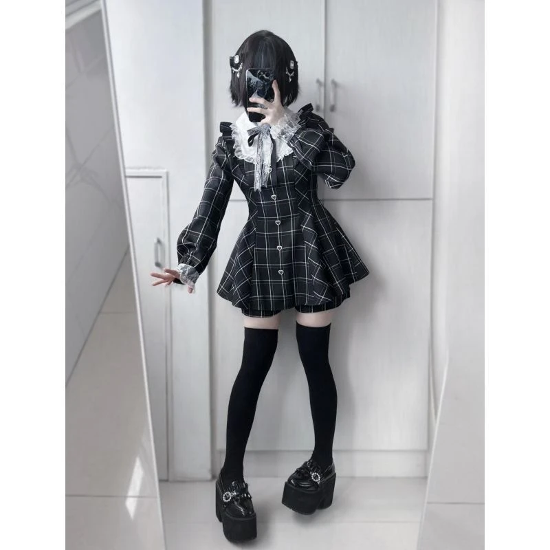 Japanese Fairy Sweet Lace Patchwork Plaid Dress Women Kawaii Grunge Ruffled Long Sleeve Dresses Y2k Aesthetic JK Lolita Vestidos