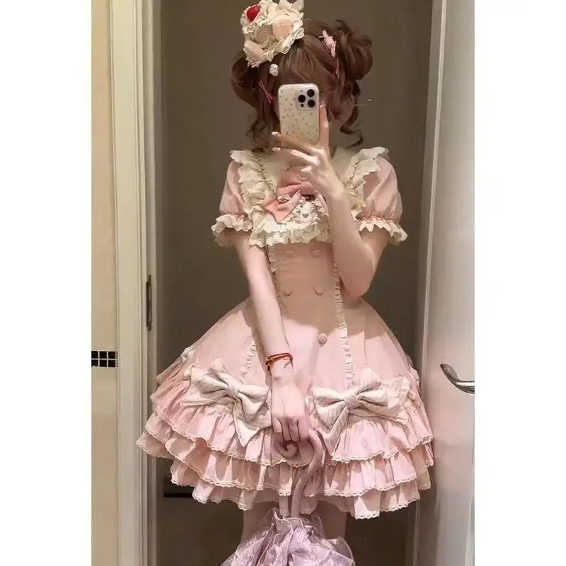 Japanese Sweet Lolita Kawaii Short Dress Women Pink Princess Y2k Bow Ruches Slim Dresses Female Korea Style Design Chic Outfits