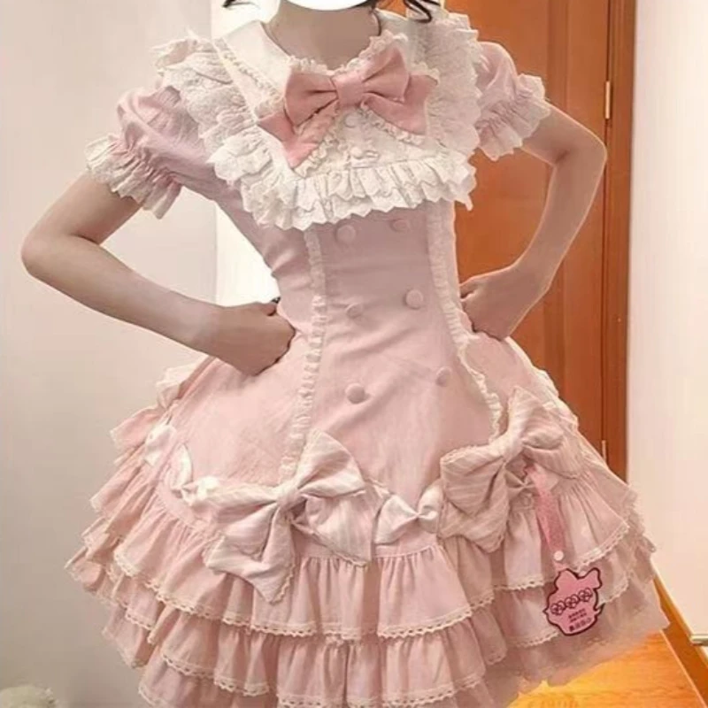 Japanese Sweet Lolita Kawaii Short Dress Women Pink Princess Y2k Bow Ruches Slim Dresses Female Korea Style Design Chic Outfits