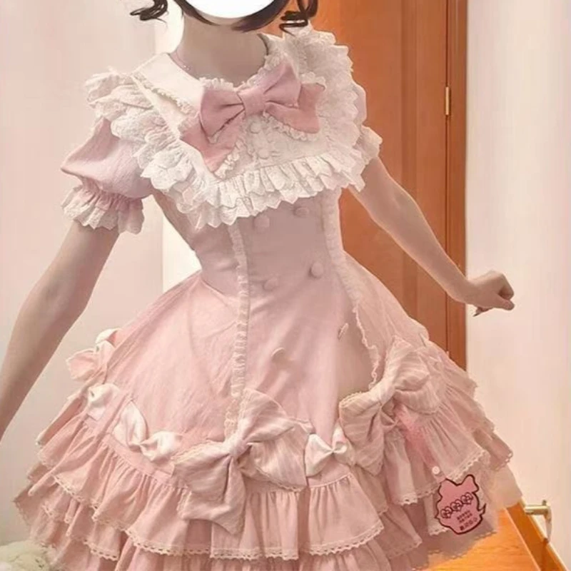 Japanese Sweet Lolita Kawaii Short Dress Women Pink Princess Y2k Bow Ruches Slim Dresses Female Korea Style Design Chic Outfits