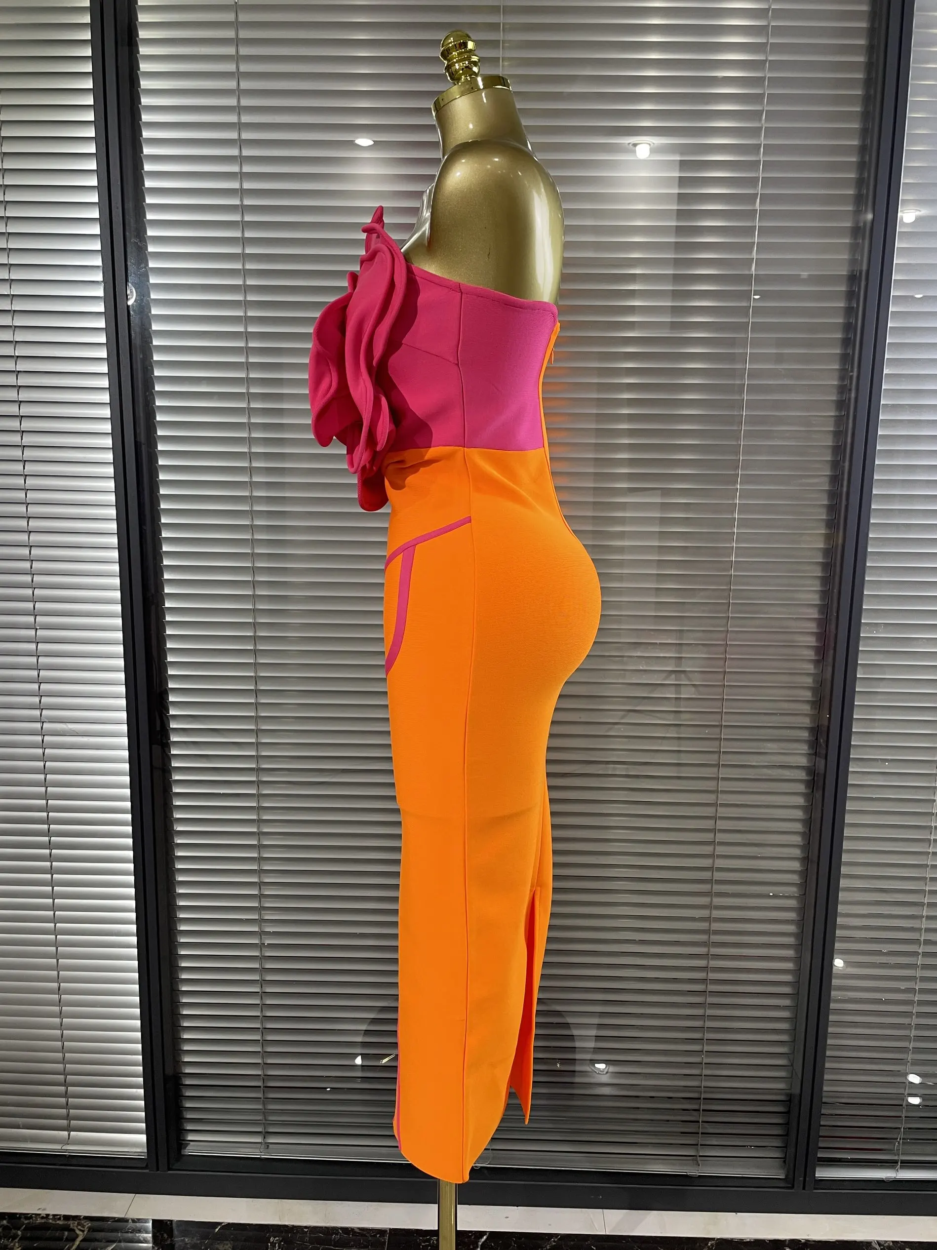 Orange Color Women Sexy Big Florals Shining Rhinestones Bodycon Long Bandage Dress Nightclub Party Bar Singer Show Stage Wear