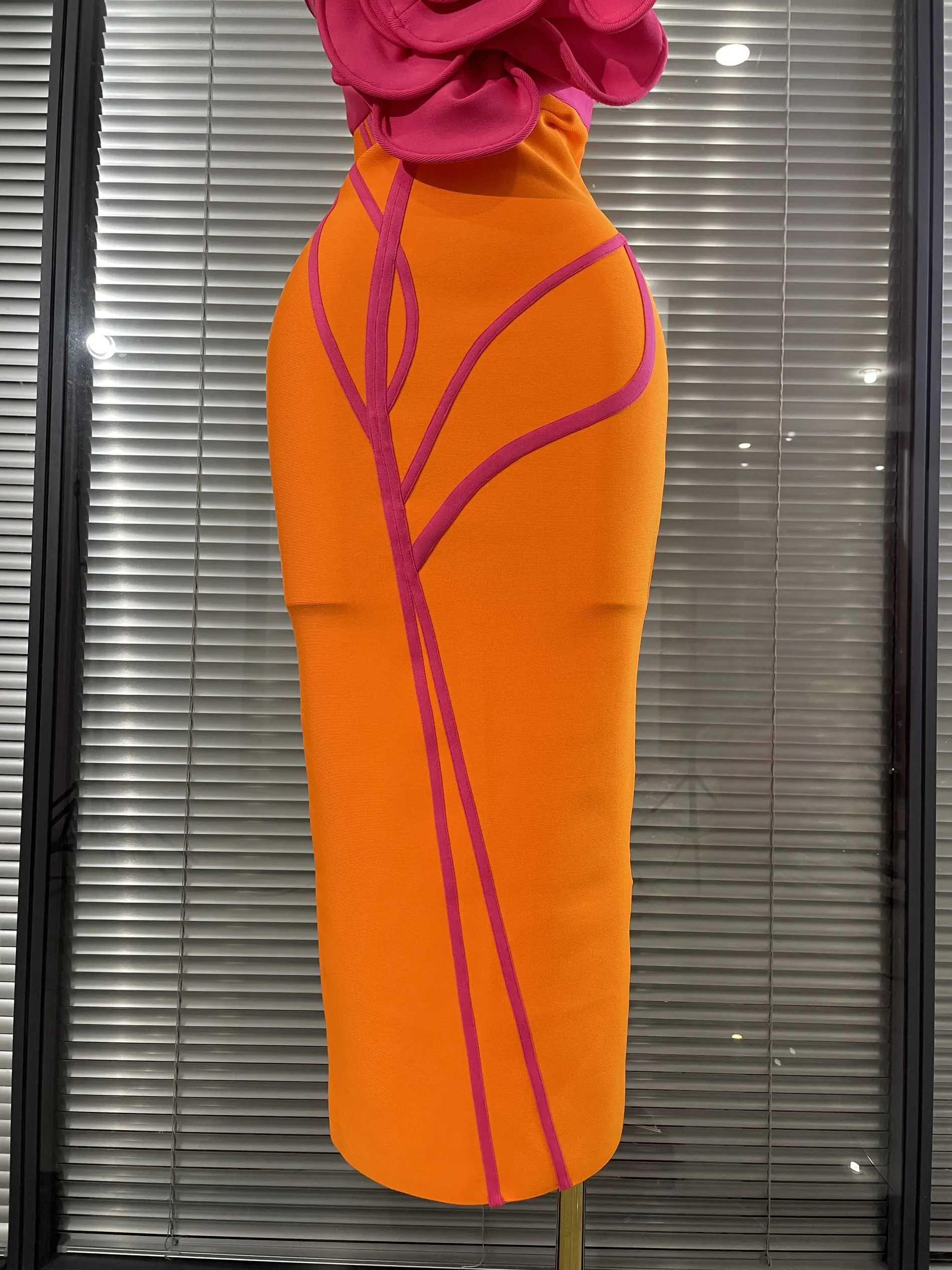 Orange Color Women Sexy Big Florals Shining Rhinestones Bodycon Long Bandage Dress Nightclub Party Bar Singer Show Stage Wear