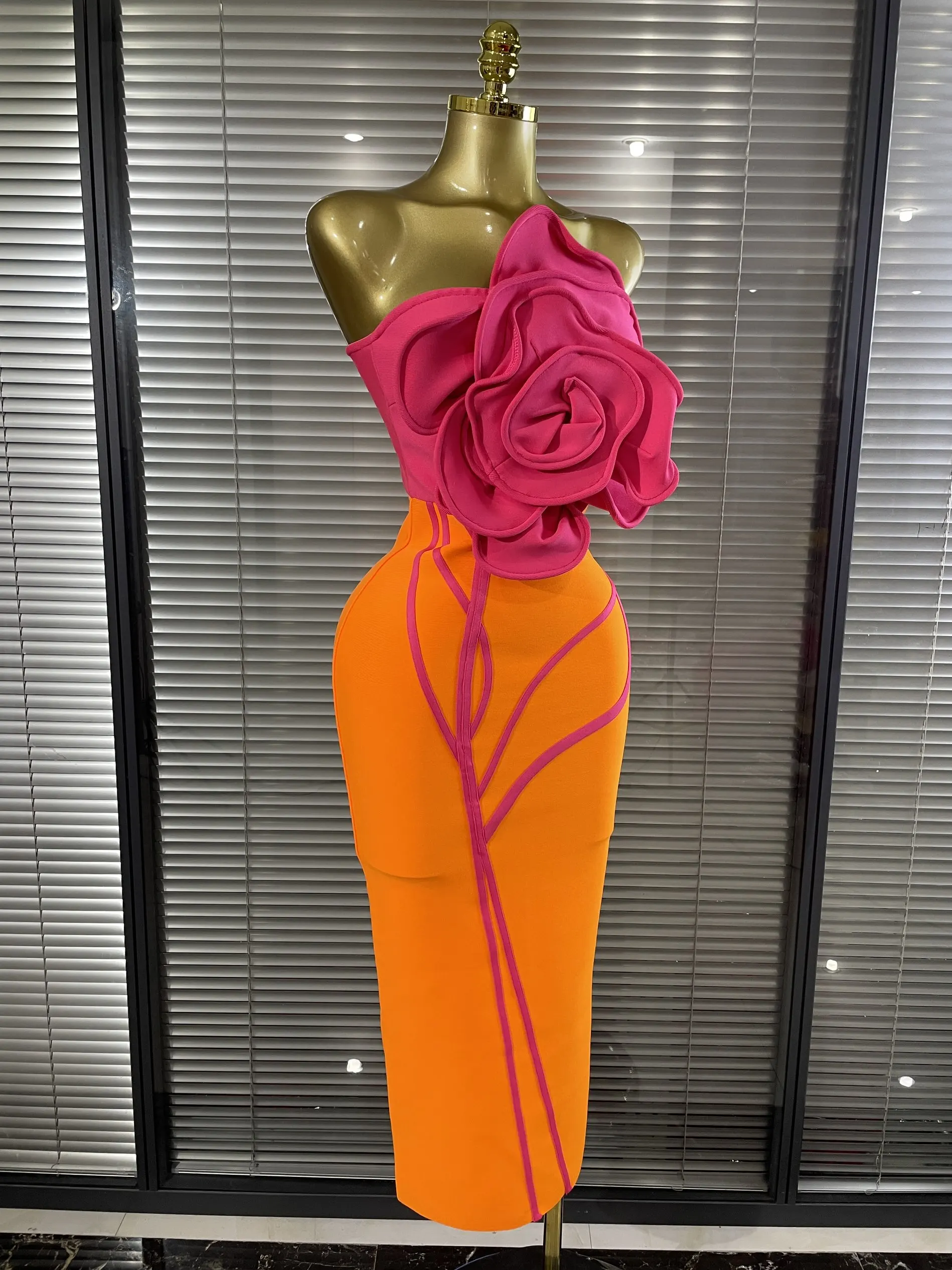 Orange Color Women Sexy Big Florals Shining Rhinestones Bodycon Long Bandage Dress Nightclub Party Bar Singer Show Stage Wear