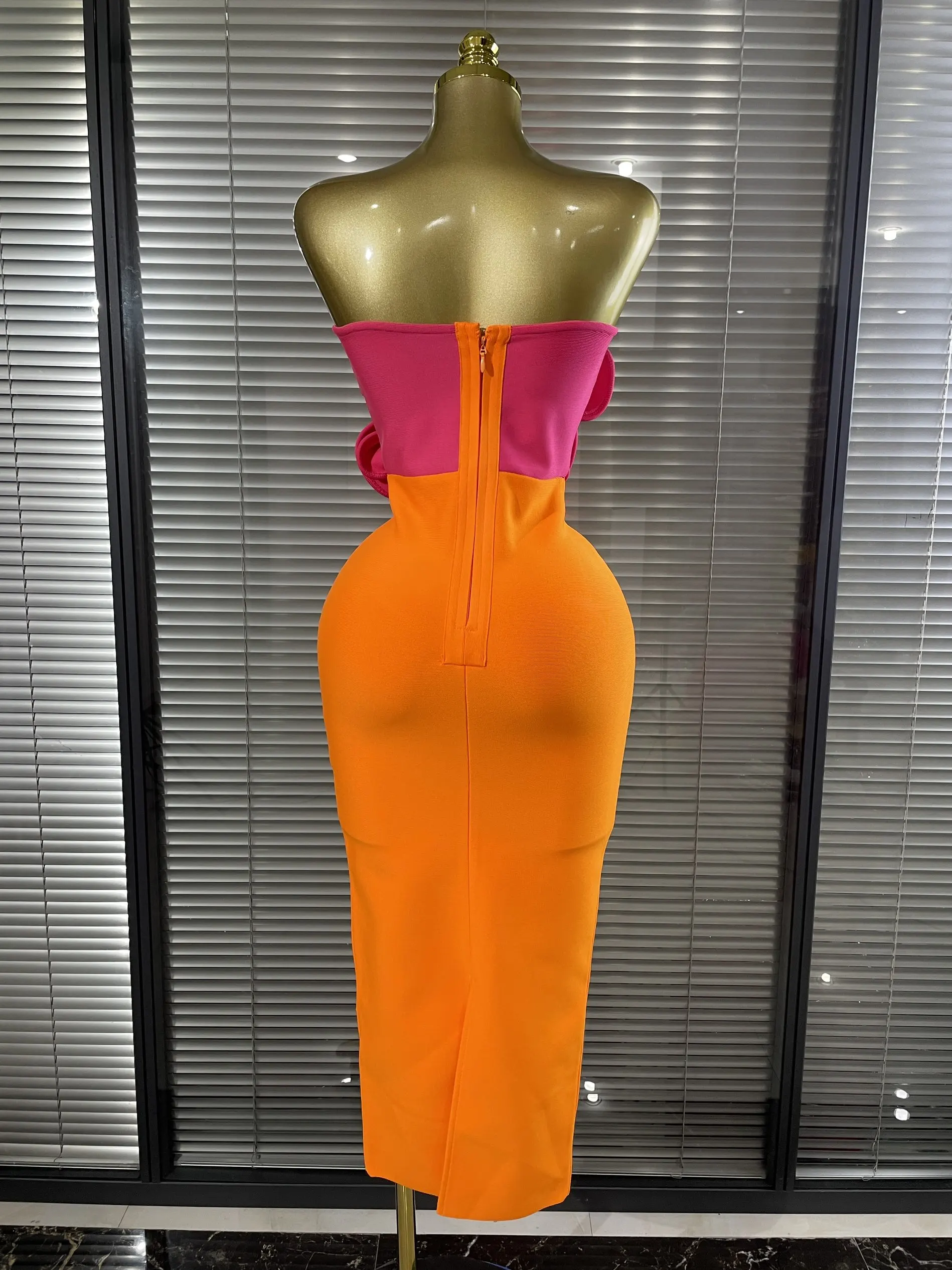 Orange Color Women Sexy Big Florals Shining Rhinestones Bodycon Long Bandage Dress Nightclub Party Bar Singer Show Stage Wear