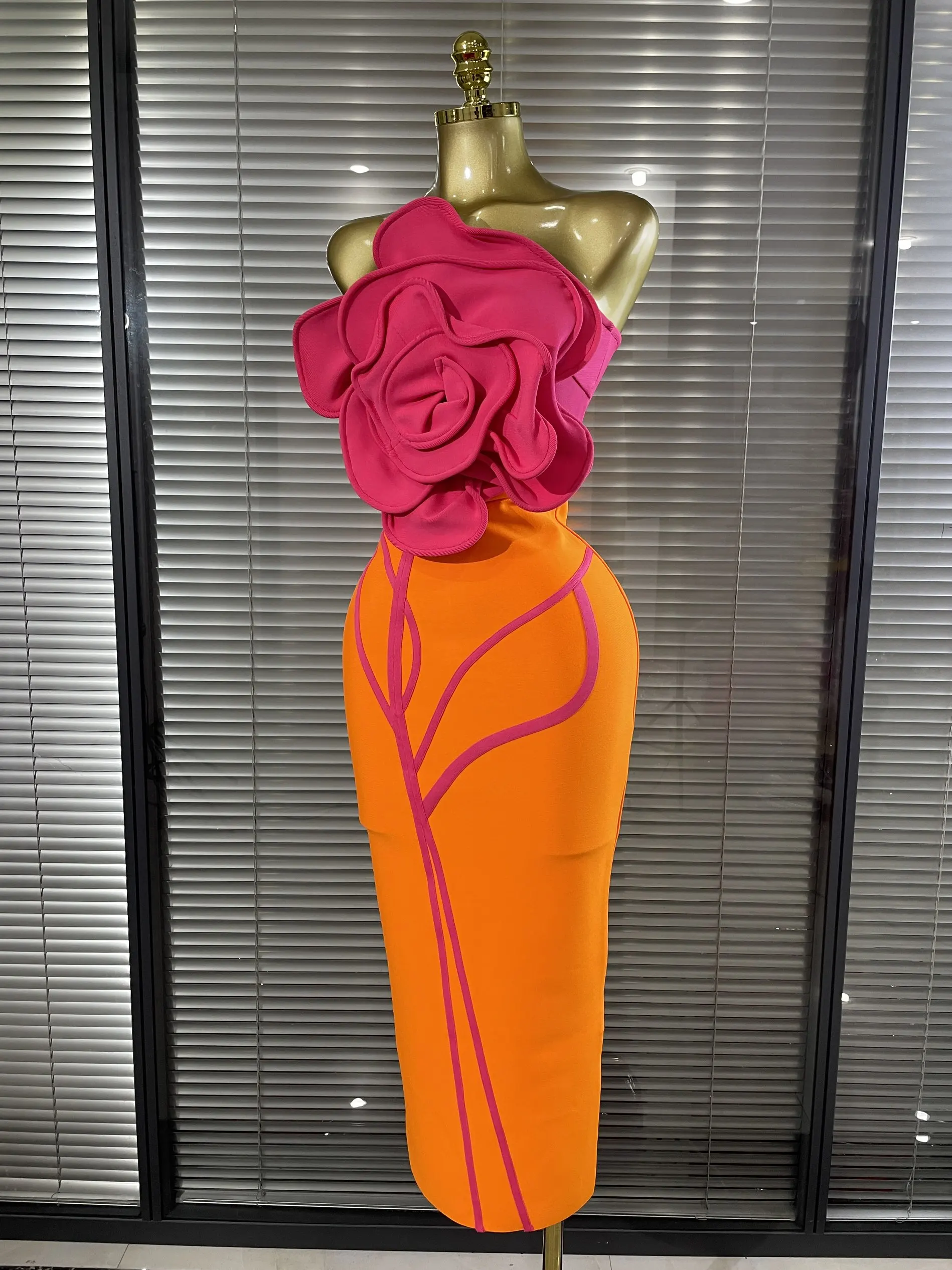 Orange Color Women Sexy Big Florals Shining Rhinestones Bodycon Long Bandage Dress Nightclub Party Bar Singer Show Stage Wear