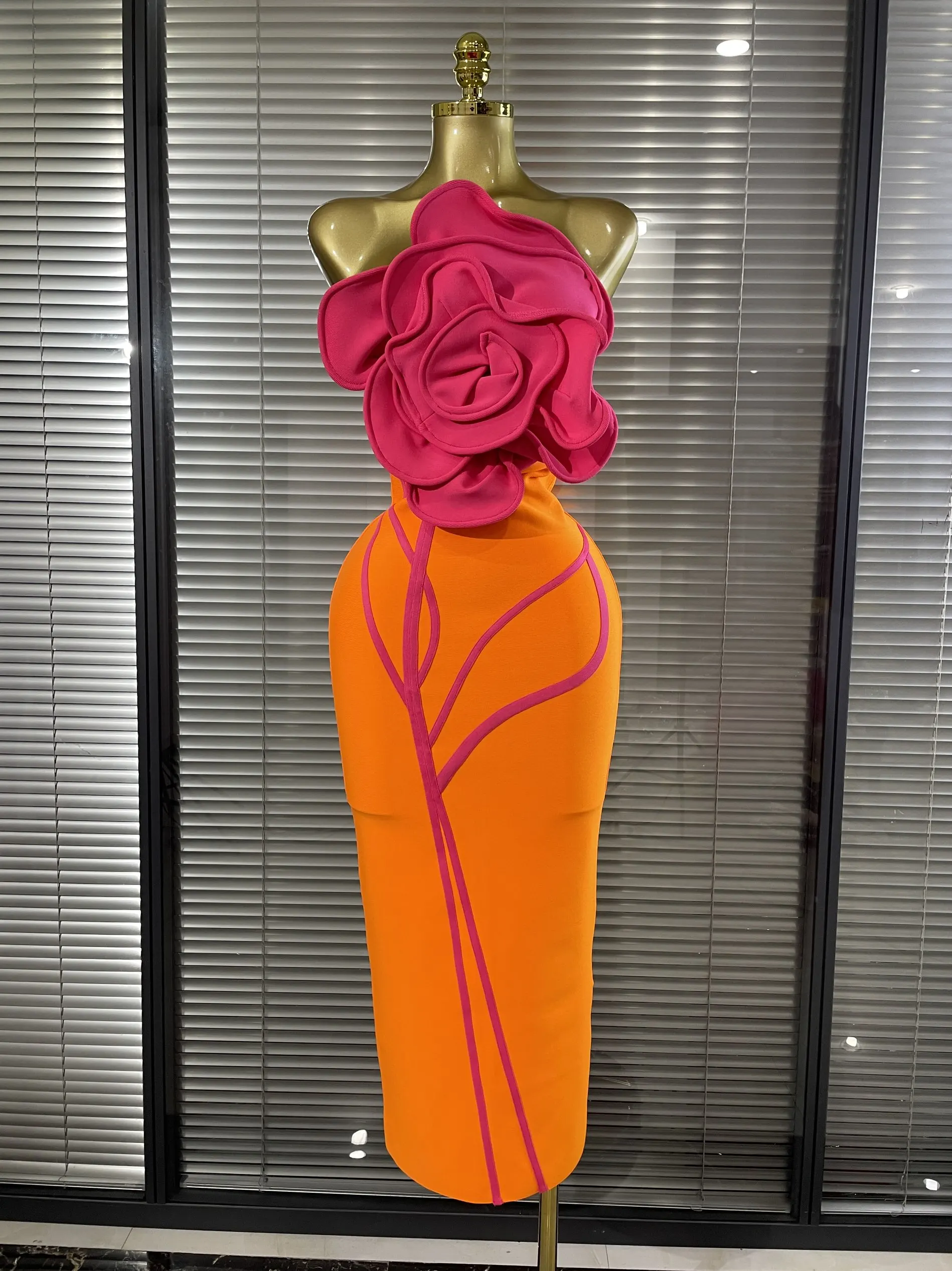 Orange Color Women Sexy Big Florals Shining Rhinestones Bodycon Long Bandage Dress Nightclub Party Bar Singer Show Stage Wear