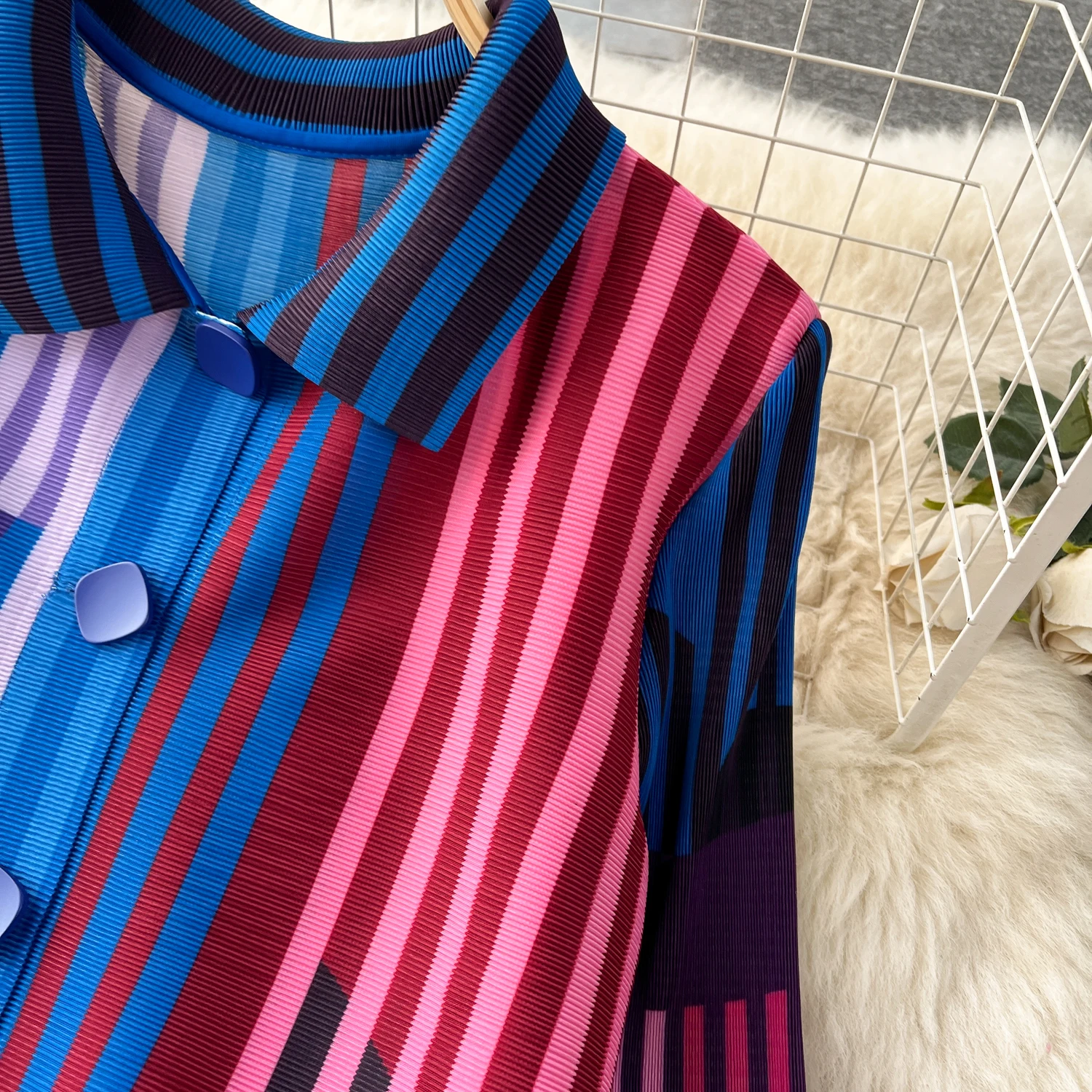 Miyake Pleated Drape Dress Women 2024 Spring Summer Colorblock Printing Lapel 3/4 Sleeve Single-breasted Fashion Shirt Dresses