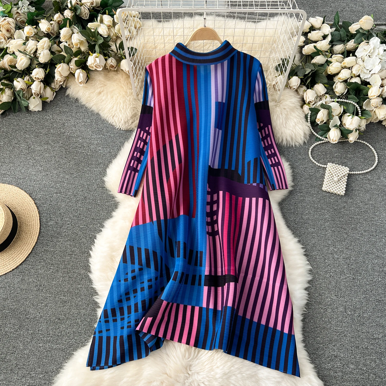 Miyake Pleated Drape Dress Women 2024 Spring Summer Colorblock Printing Lapel 3/4 Sleeve Single-breasted Fashion Shirt Dresses