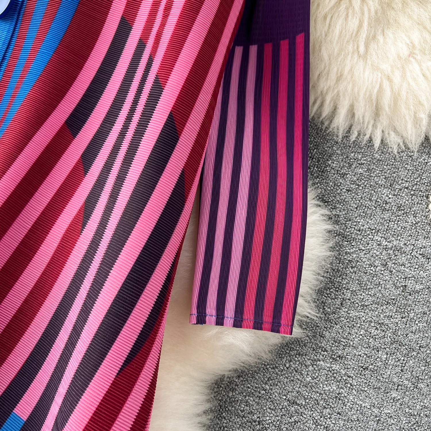 Miyake Pleated Drape Dress Women 2024 Spring Summer Colorblock Printing Lapel 3/4 Sleeve Single-breasted Fashion Shirt Dresses