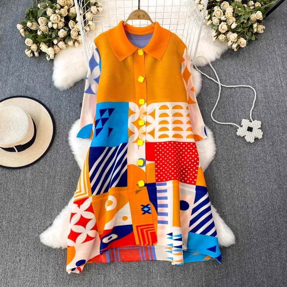 Miyake Pleated Drape Dress Women 2024 Spring Summer Colorblock Printing Lapel 3/4 Sleeve Single-breasted Fashion Shirt Dresses