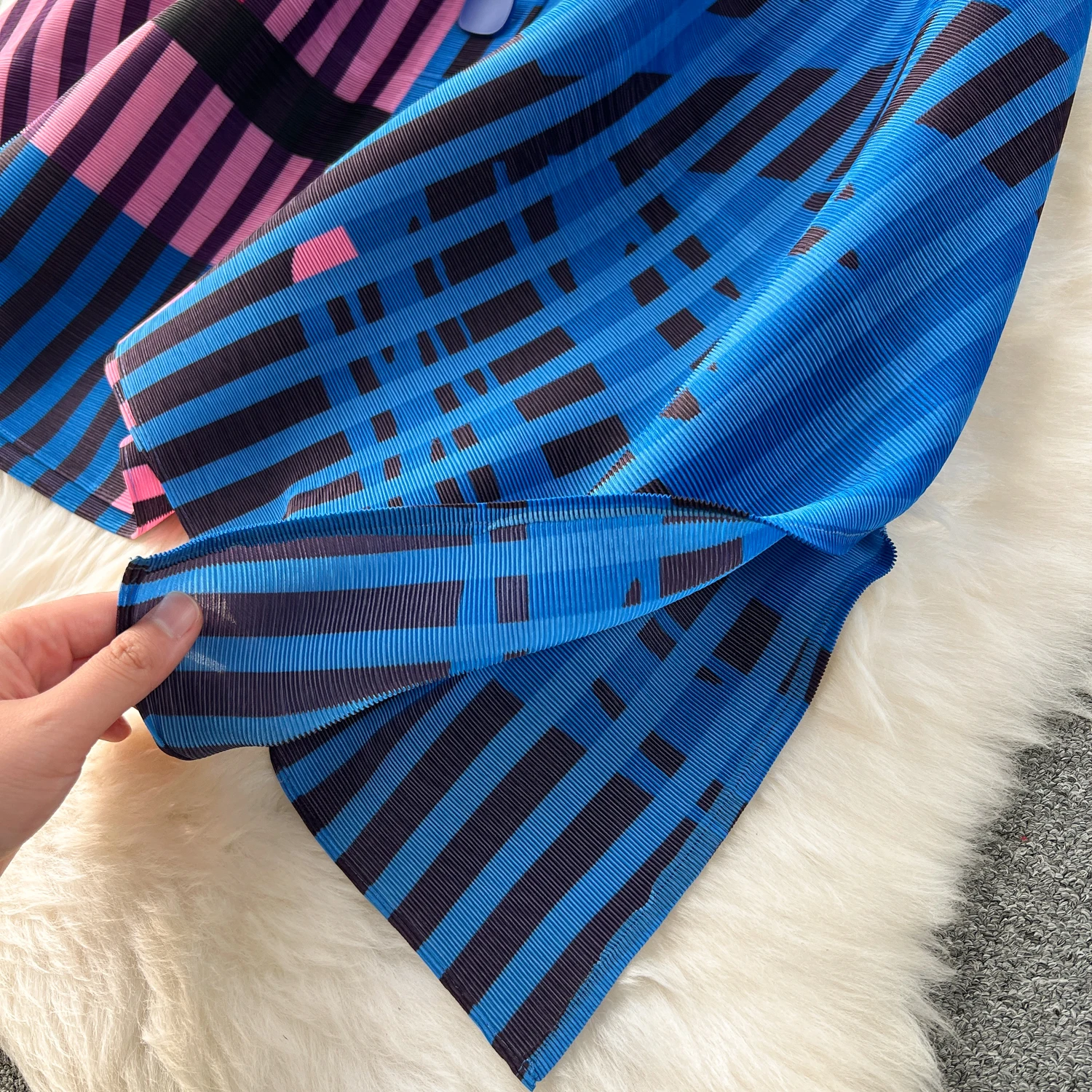 Miyake Pleated Drape Dress Women 2024 Spring Summer Colorblock Printing Lapel 3/4 Sleeve Single-breasted Fashion Shirt Dresses