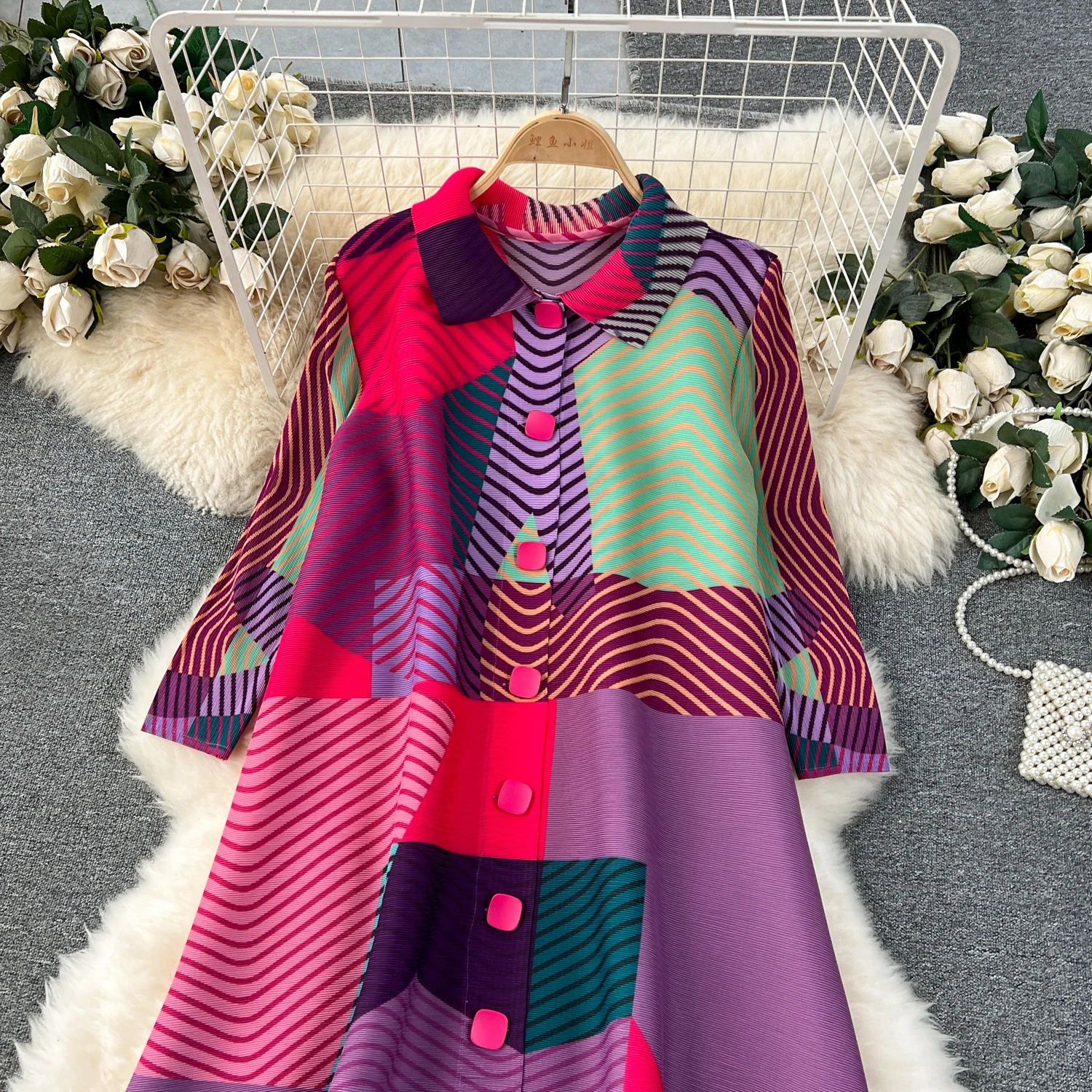 Miyake Pleated Drape Dress Women 2024 Spring Summer Colorblock Printing Lapel 3/4 Sleeve Single-breasted Fashion Shirt Dresses