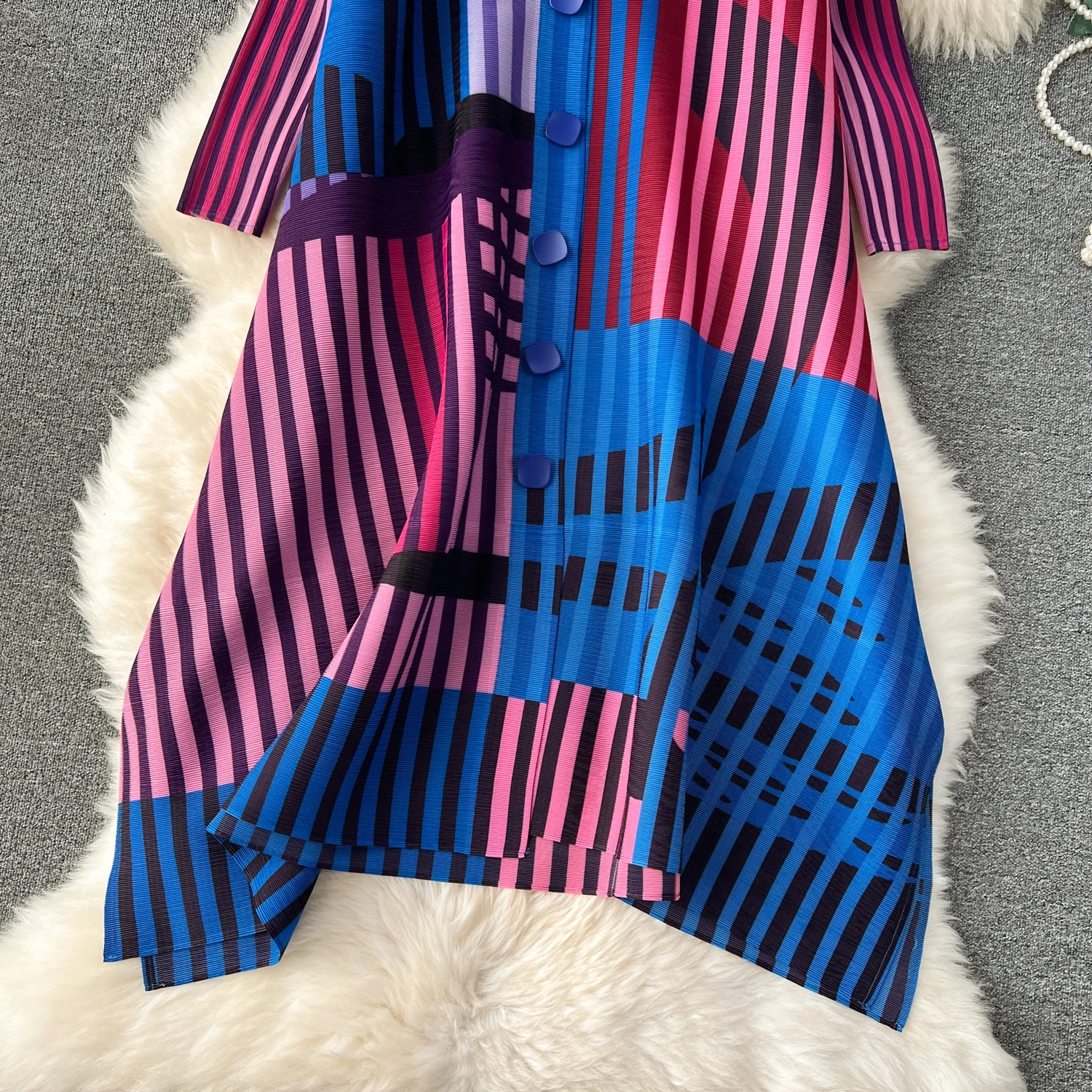 Miyake Pleated Drape Dress Women 2024 Spring Summer Colorblock Printing Lapel 3/4 Sleeve Single-breasted Fashion Shirt Dresses