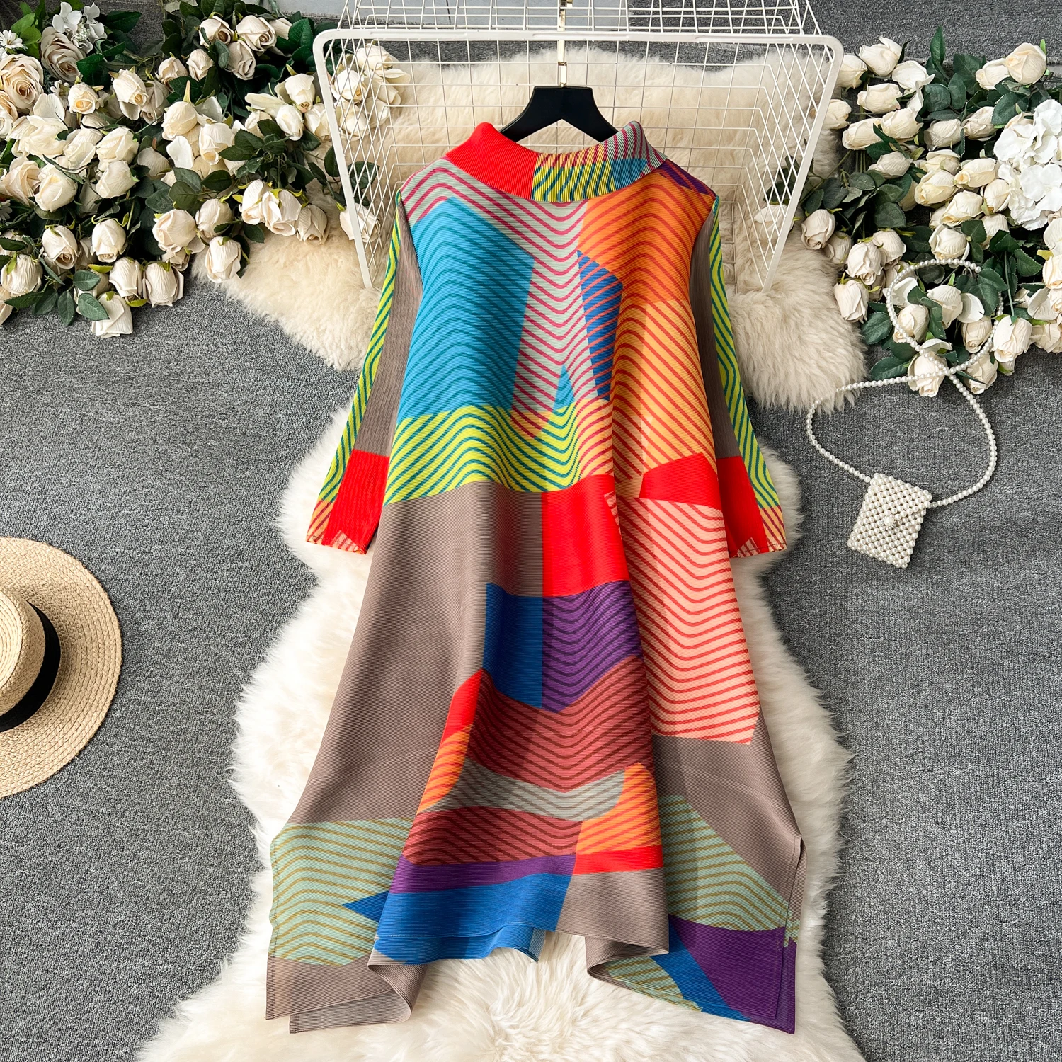 Miyake Pleated Drape Dress Women 2024 Spring Summer Colorblock Printing Lapel 3/4 Sleeve Single-breasted Fashion Shirt Dresses