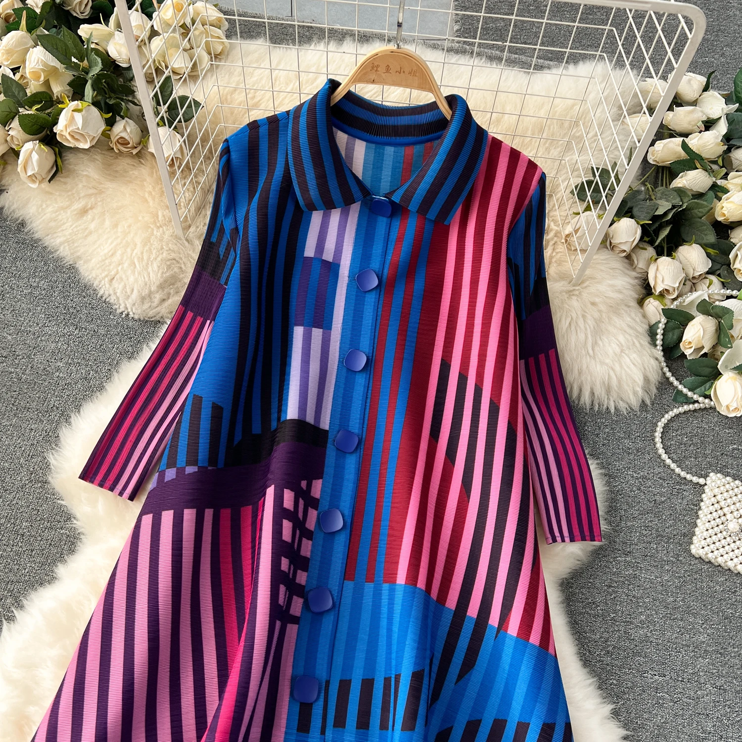 Miyake Pleated Drape Dress Women 2024 Spring Summer Colorblock Printing Lapel 3/4 Sleeve Single-breasted Fashion Shirt Dresses
