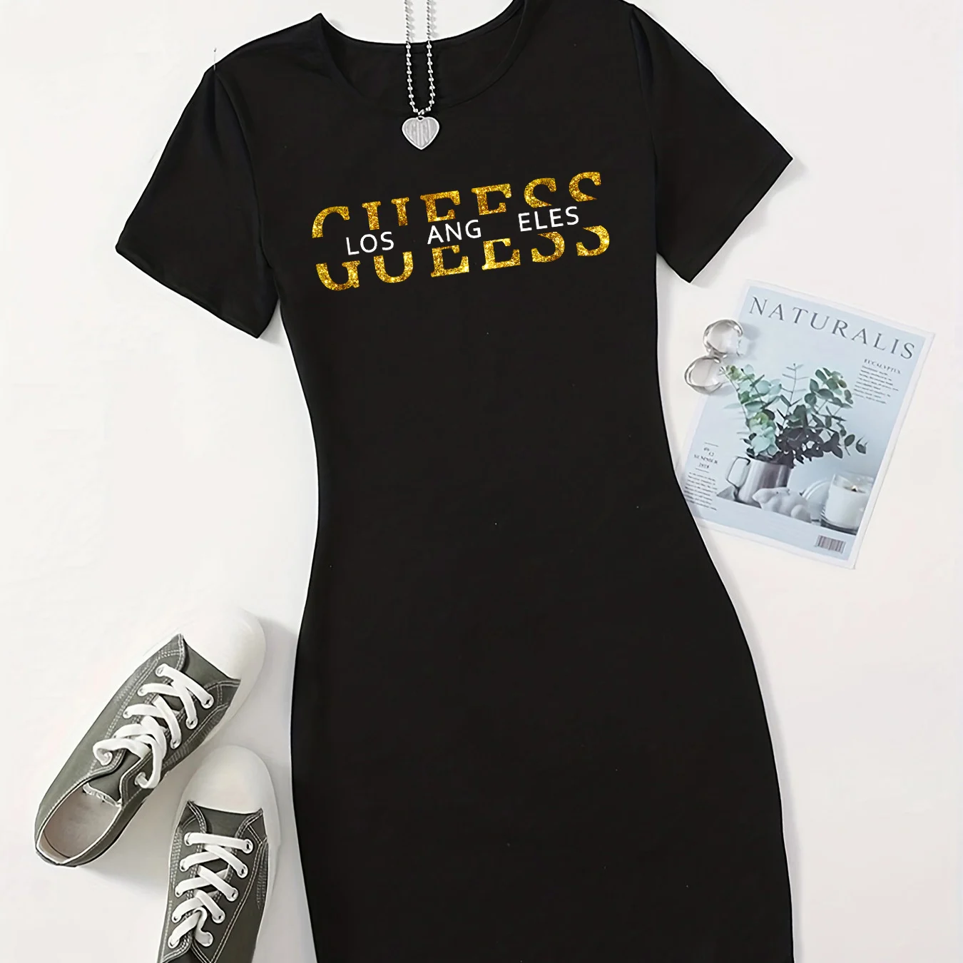 Summer Ladies GUEESS Los Angeles Printed Casual Sexy Slim Fit Hip hugging Short Sleeve Round Neck T-shirt Short Mini Skirt