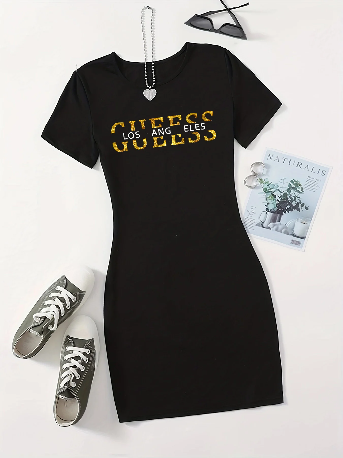 Summer Ladies GUEESS Los Angeles Printed Casual Sexy Slim Fit Hip hugging Short Sleeve Round Neck T-shirt Short Mini Skirt