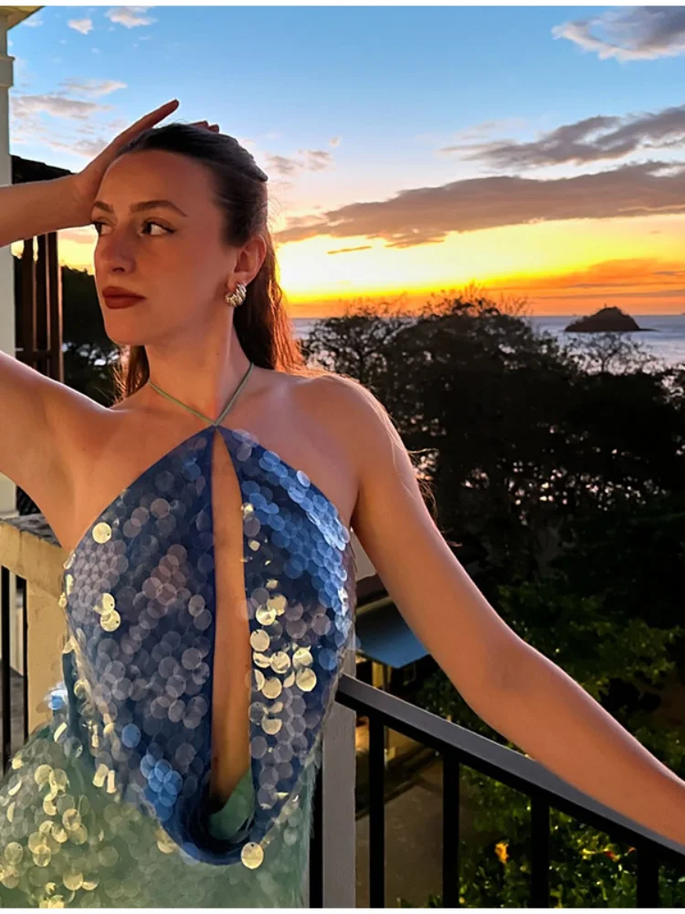 Sexy Sequin Shiny Mini Dress Women Luxury Blue Green Patchwork Halter Backless Short Dresses Evening Party Bright Dresses Beach