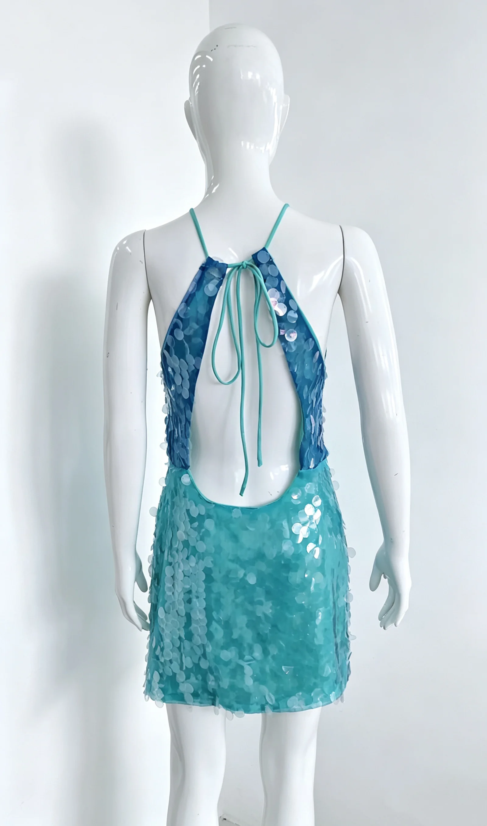 Sexy Sequin Shiny Mini Dress Women Luxury Blue Green Patchwork Halter Backless Short Dresses Evening Party Bright Dresses Beach