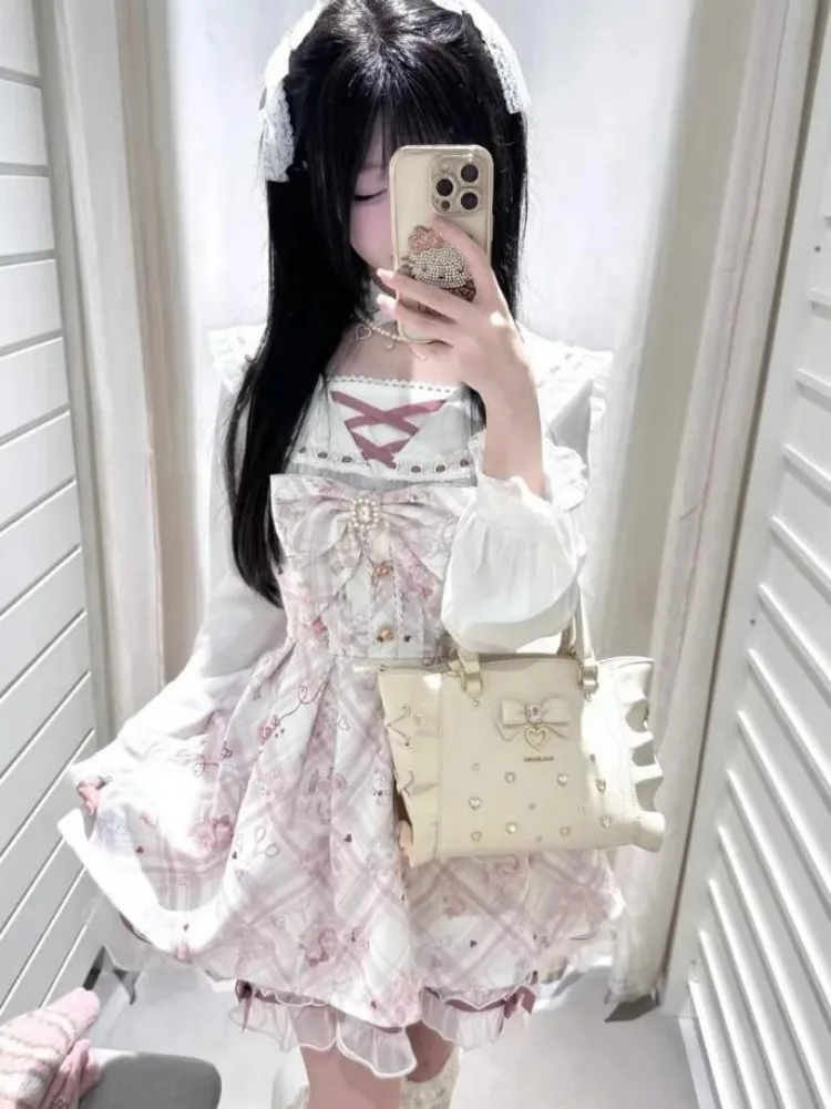 Japanese Y2k Dress Women Sweet Print Bow Vestidos Fake Two Pieces Lace Patchwork Fairy Dress 2026 Kawaii Grunge Vintage Dresses