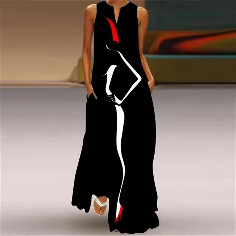 Summer Outdoor Street Fashion Women's Long Dress New Abstract Art Print Dress Sleeveless Vest V-Neck Fashion Women's Party Dress