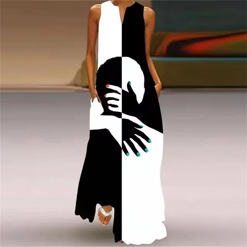 Summer Outdoor Street Fashion Women's Long Dress New Abstract Art Print Dress Sleeveless Vest V-Neck Fashion Women's Party Dress