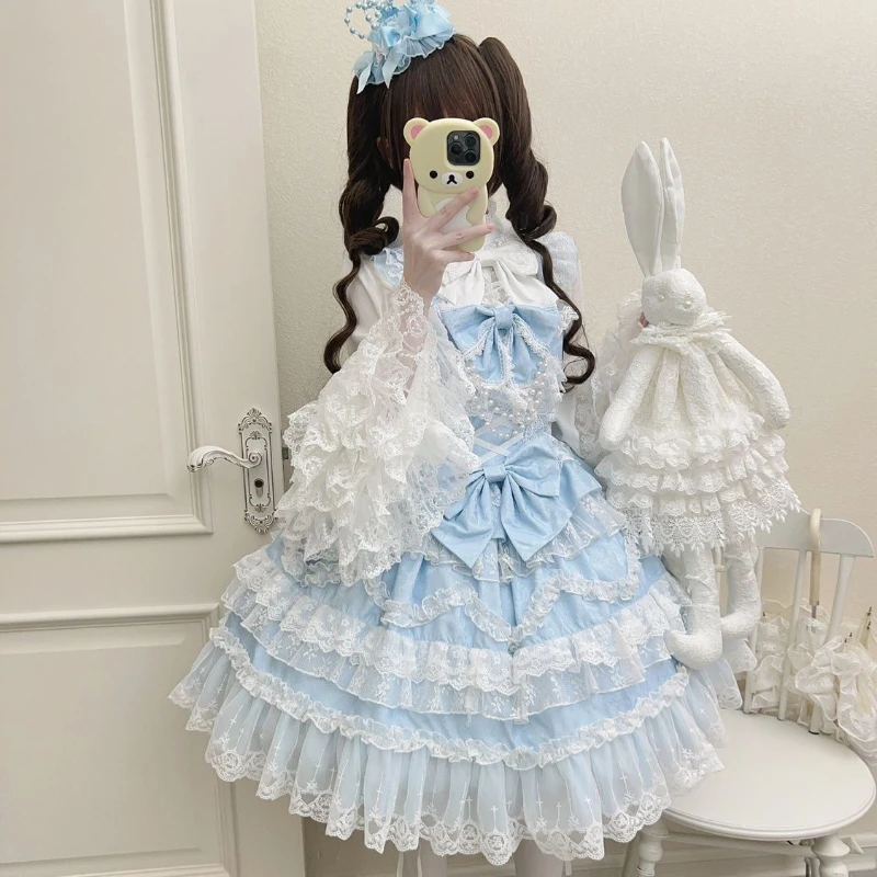 Lolita Kawaii Y2k Long Sleeve Strap Dress Japanese Knee-Length Women Elegant Lace Bow Patchwork Ball Gown Sweet All Season