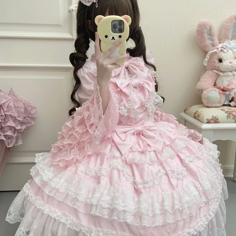 Lolita Kawaii Y2k Long Sleeve Strap Dress Japanese Knee-Length Women Elegant Lace Bow Patchwork Ball Gown Sweet All Season