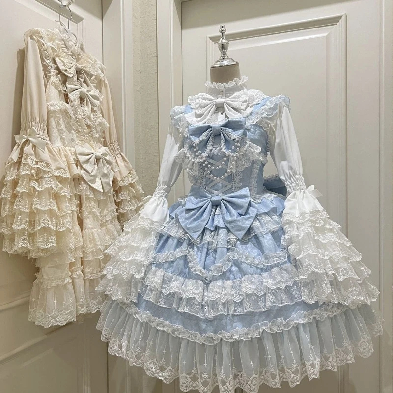 Lolita Kawaii Y2k Long Sleeve Strap Dress Japanese Knee-Length Women Elegant Lace Bow Patchwork Ball Gown Sweet All Season